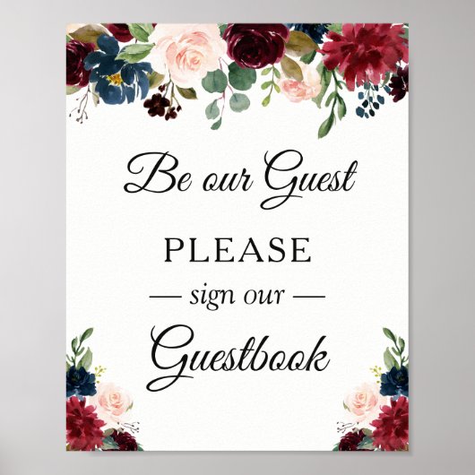 Onderteken ons Guestbook Burgundy Blush Blue Flora Poster (Voorkant)