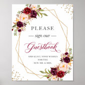 Onderteken ons Guestbook Burgundy Floral Lijst Poster (Voorkant)