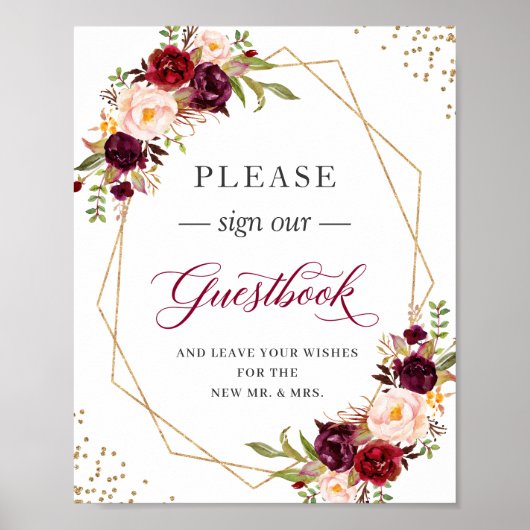 Onderteken ons Guestbook Burgundy Floral Lijst Poster (Voorkant)