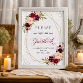 Onderteken ons Guestbook Burgundy Floral Lijst Poster