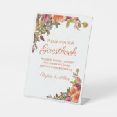 Onderteken ons Guestbook Oranje Bourgogne Weddensc Reclamebord Met Voetstuk (Voorkant)