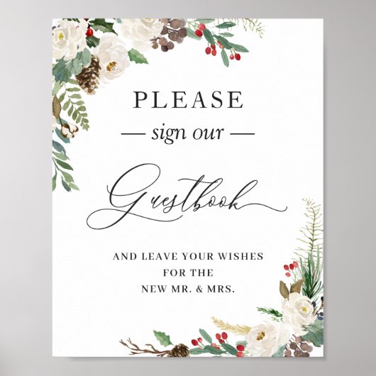 Onderteken ons Guestbook Rustic Winter Floral Berr Poster (Voorkant)