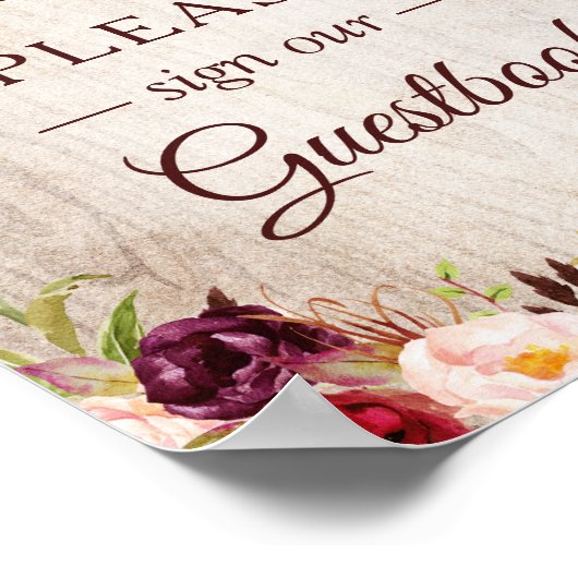 Onderteken ons Guestbook Rustic Wood Burgundy Red  Poster (Hoek)