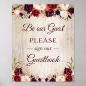 Onderteken ons Guestbook Rustic Wood Burgundy Red Poster (Voorkant)