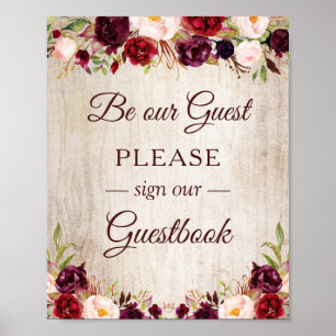 Onderteken ons Guestbook Rustic Wood Burgundy Red  Poster