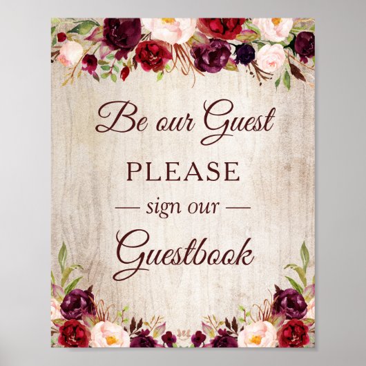 Onderteken ons Guestbook Rustic Wood Burgundy Red Poster (Voorkant)