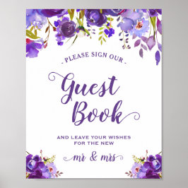 Onderteken ons Guestbook Violet Paarse Floral Sign Poster