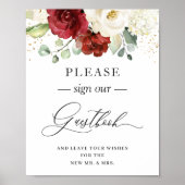 Onderteken onze Guestbook Burgundy Red White Flora Poster (Voorkant)