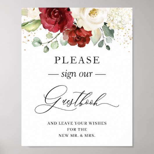 Onderteken onze Guestbook Burgundy Red White Flora Poster (Voorkant)