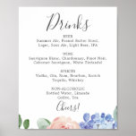 Onderteken van het Elegant Blue Hydrangea Wedding  Poster<br><div class="desc">Dit elegante blauwe hydrangea bruiloft drink is perfect voor een lente- of zomerbruiloft. Het klassieke florale ontwerp is voorzien van zacht poederblauwe waterverf hydrangeas,  voorzien van neutraal wazige roze bloemen en groene bladeren.</div>