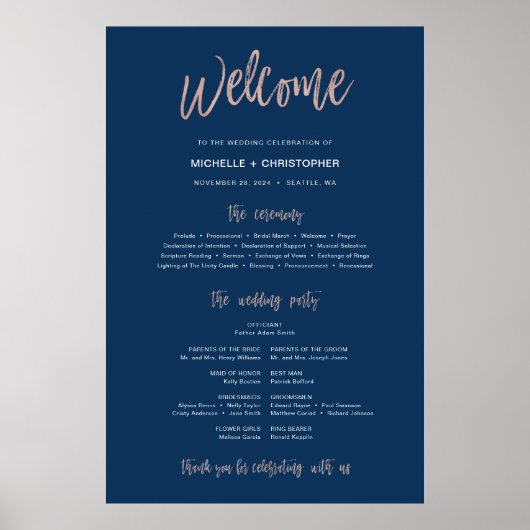 Onderteken van het Navy Blue & Roos Gold Glam Wedd Poster (Voorkant)