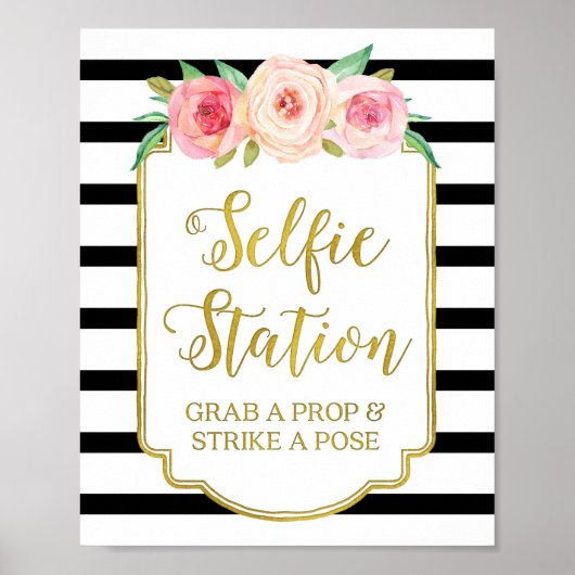 Onderteken voor Selfie-station Roze Floral Gold Bl Poster (Voorkant)