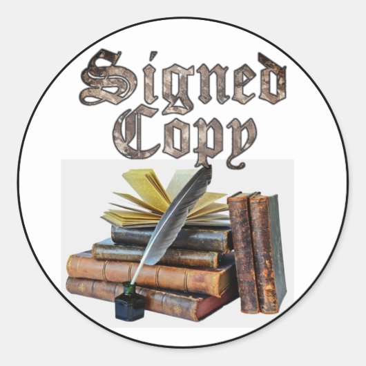 Ondertekende kopieerboeken en quill ronde sticker (Voorkant)