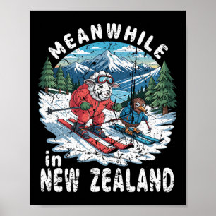 Ondertussen In Nieuw-Zeeland Kiwi Schapen Skiën Wi Poster