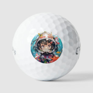 Onderwater anime meisje met koraal bedekte helm golfballen