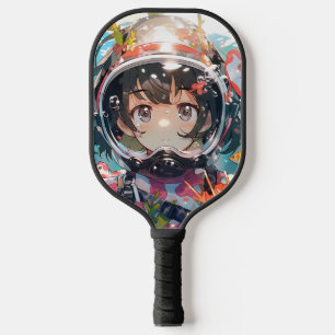 Onderwater anime meisje met koraal bedekte helm pickleball paddle