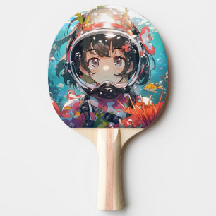 Onderwater anime meisje met koraal bedekte helm tafeltennisbatje