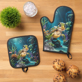 Onderwater avonturen met de vrolijke schildpad. ovenwant & pannenlap set