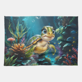 Onderwater avonturen met de vrolijke schildpad. theedoek