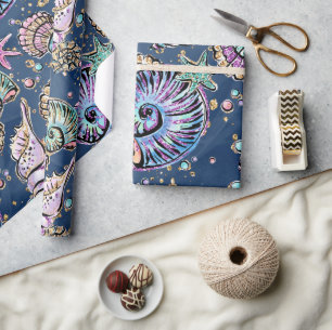Onderwater Blue Luxe Pastel gouden schelpen Cadeaupapier