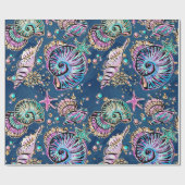 Onderwater Blue Luxe | Pastel gouden schelpen Cadeaupapier (Vlak)