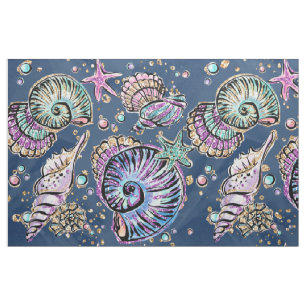 Onderwater Blue Luxe Pastel gouden schelpen Stof