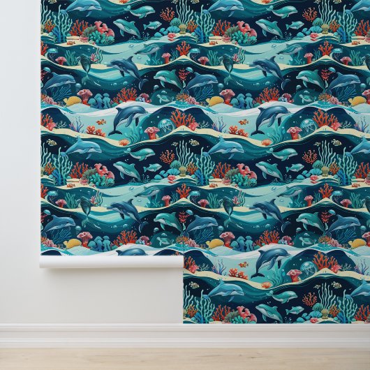 Onderwater dolfijn & koraalrif schil en stok behang (Applicatie)