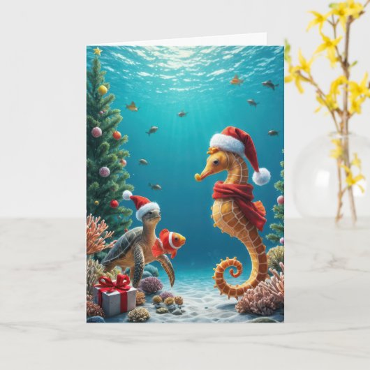 Onderwater Kerst Zeepaardje en Zee Schildpad Kaart (Gele Bloem)