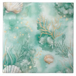 Onderwater koraal en schelpen in Blauwgroen Waterv Tegeltje<br><div class="desc">Breng de rustige schoonheid van de oceaanbodem in uw huis met deze elegante keramische tegel met een waterverf-afbeelding van koraal en schelpen. Tegen een rijke blauwgroen achtergrond zijn de delicate mariene elementen - van schelpschelpen tot vertakt koraal - beschilderd in zachte, natuurlijke tinten met subtiele gouden hoogtepunten. Het ontwerp legt...</div>