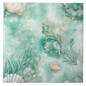 Onderwater koraal en schelpen in Blauwgroen Waterv Tegeltje (Voorkant)