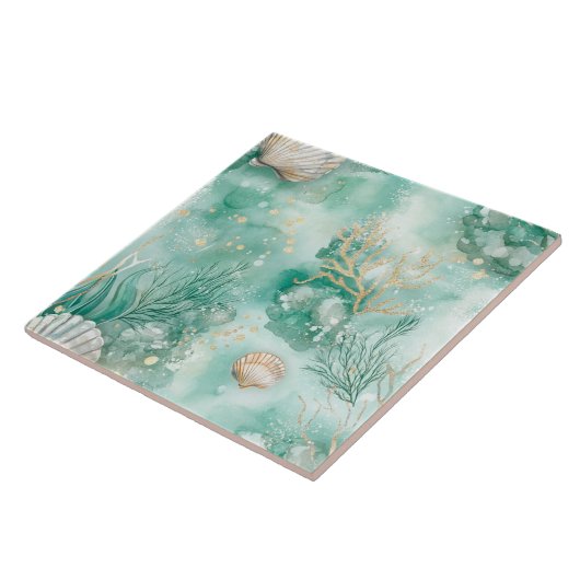 Onderwater koraal en schelpen in Blauwgroen Waterv Tegeltje (Zijkant)