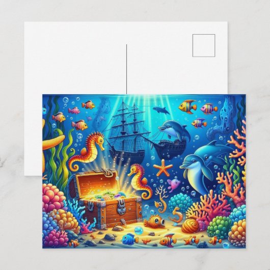 Onderwater koraalrif, zeeleven en schatkist briefkaart (Voorkant / Achterkant)