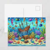 Onderwater koraalrif, zeeleven en schatkist briefkaart (Voorkant / Achterkant)