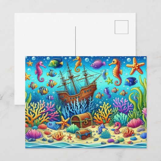 Onderwater koraalrif, zeeleven en schatkist briefkaart (Voorkant / Achterkant)