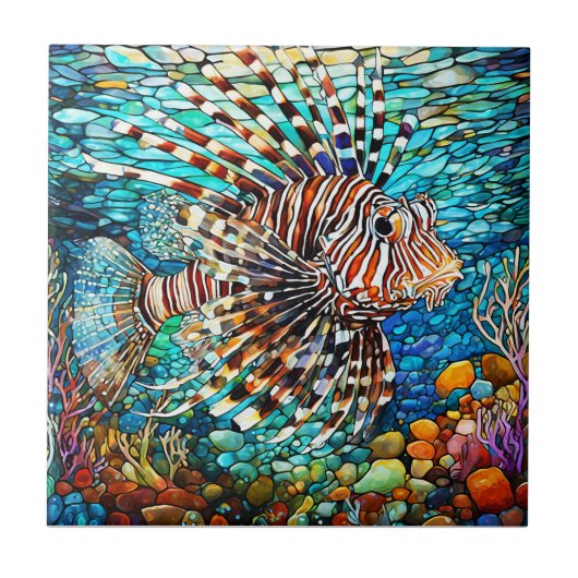 Onderwater Leeuw vis Glas in lood kunst Tegeltje (Voorkant)