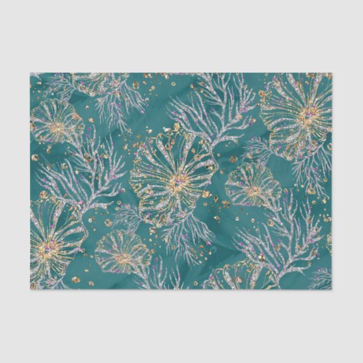 Onderwater Luxe | Blauwgroen en gouden Zee Tissuepapier (Voorkant)