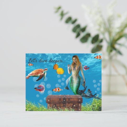 Onderwater Mermaid Treasure Hunt Fantasy Blue Briefkaart (Staand voorkant)