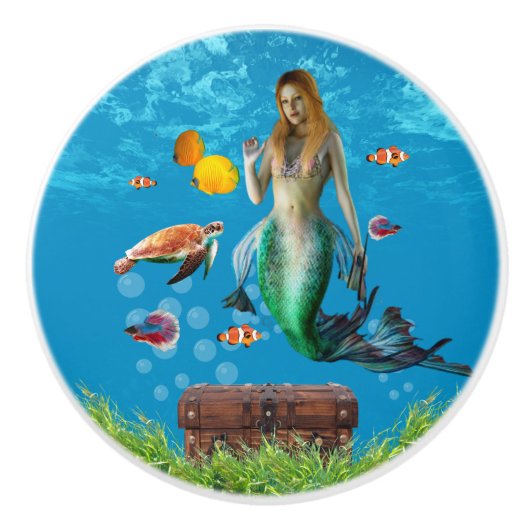 Onderwater Mermaid Treasure Hunt Fantasy Blue Keramische Knop (Voorkant)