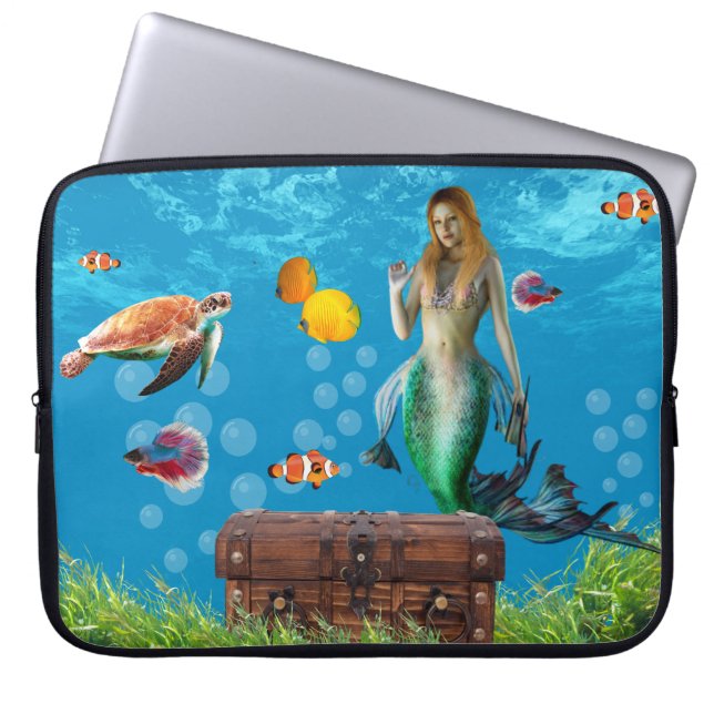 Onderwater Mermaid Treasure Hunt Fantasy Blue Laptop Sleeve (Voorkant)