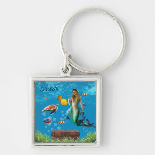 Onderwater Mermaid Treasure Hunt Fantasy Blue Sleutelhanger (Voorkant)