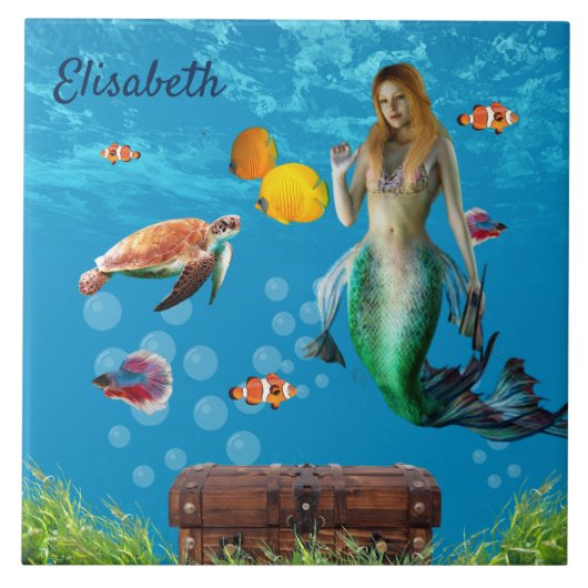 Onderwater Mermaid Treasure Hunt Fantasy Blue Tegeltje (Voorkant)