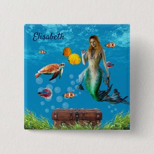 Onderwater Mermaid Treasure Hunt Fantasy Blue Vierkante Button 5,1 Cm