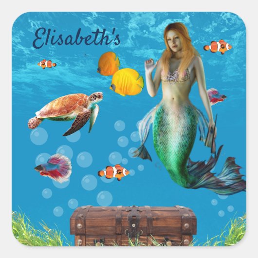 Onderwater Mermaid Treasure Hunt Fantasy Blue Vierkante Sticker (Voorkant)