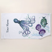 Onderwater Octopus Fish Scene tinten van blauw Strandlaken (Voorkant)