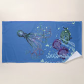 Onderwater Octopus Fish Scene tinten van blauw Strandlaken (Voorkant)