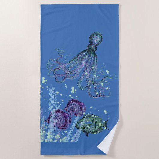 Onderwater Octopus Fish Scene tinten van blauw Strandlaken (Voorkant)