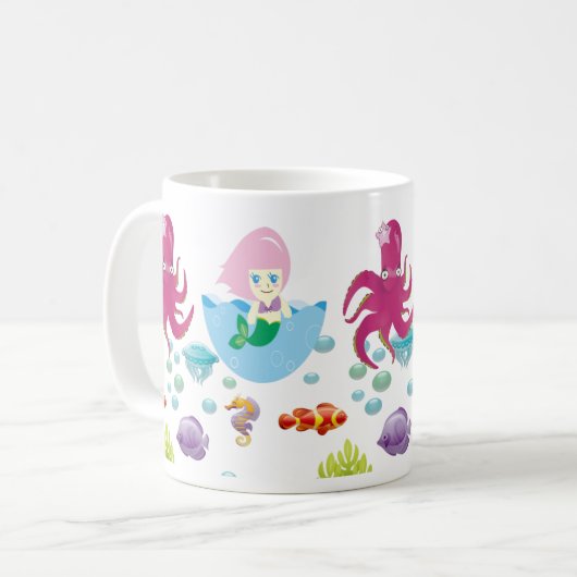 Onderwater Roze Zeemeermin en Octopus Ocean Fantas Koffiemok (Voorkant links)