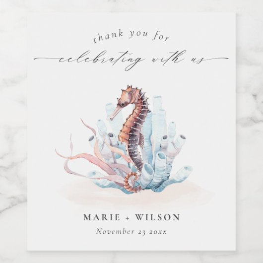 Onderwater Seahorse Seaweed Coral Wedding Wijn Etiket (Enkel label)