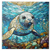 Onderwater Seal Glas in lood kunst Tegeltje (Voorkant)