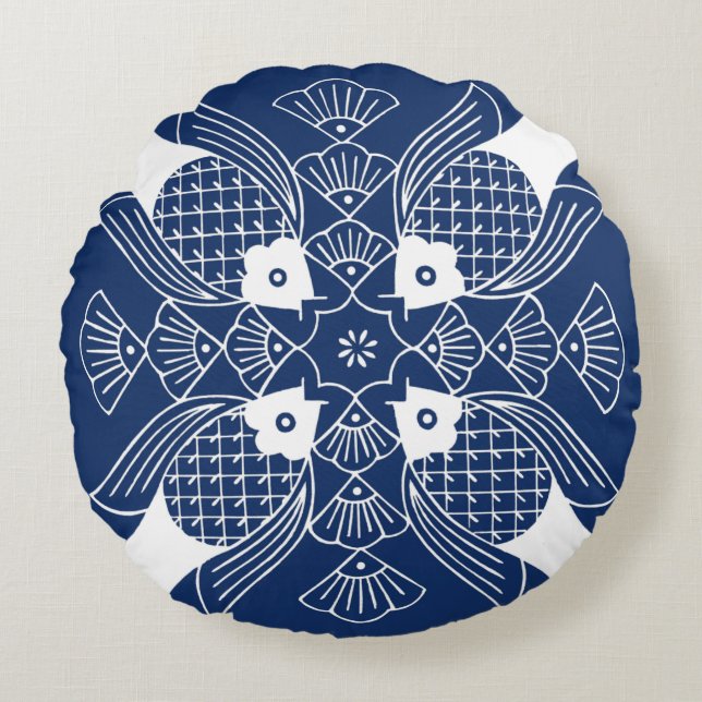Onderwater Visontwerp met blauwe achtergrond Rond Kussen (Voorkant)